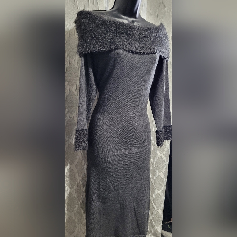 Spense | Sweater Dress | Grey Off-The-Shoulder Fuzzy Trim Knit Dress | Size XL